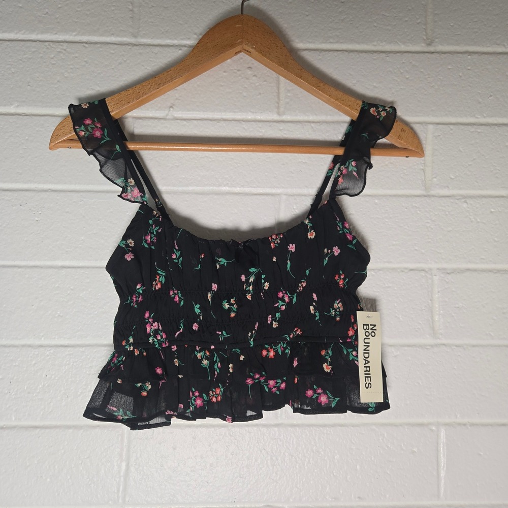 NWT No Boundaries Black Floral Chiffon Crop Top XXS Ruffle Smocked Boho Festival